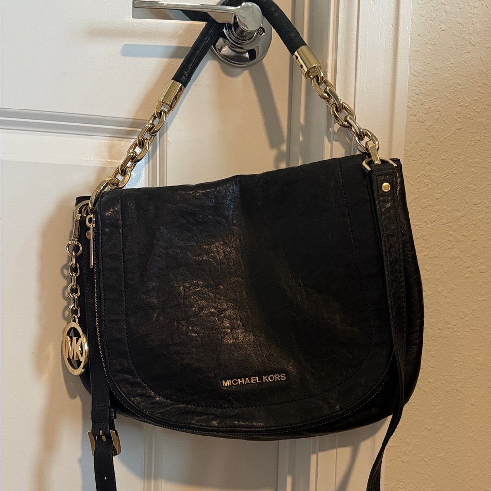 Michael Kors Black Leather Shoulder Bag with Gold Accents
